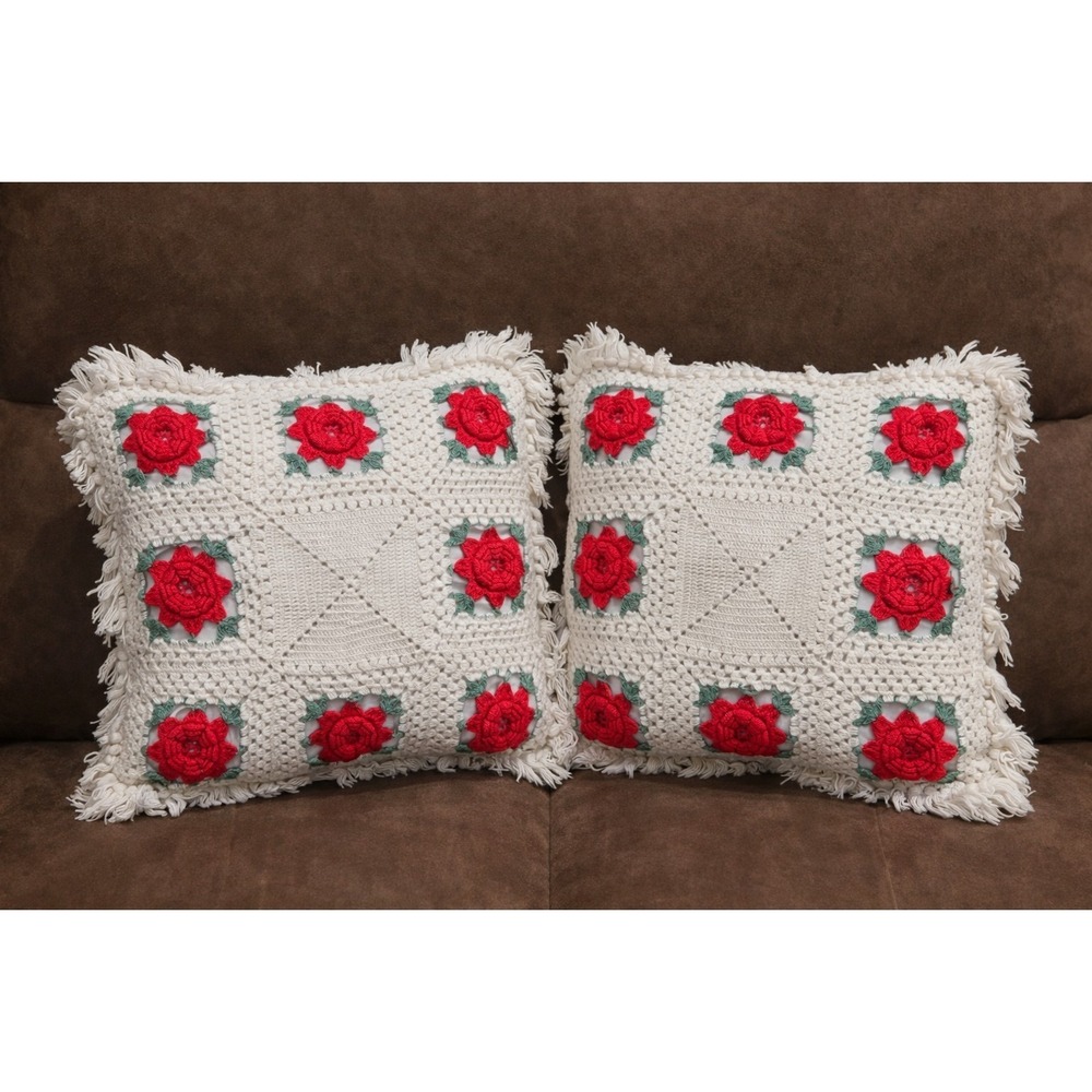 2 Vintage Hand Crocheted Ivory Red Rose Pillow CASE 12x12 Floral Fringe Handmade